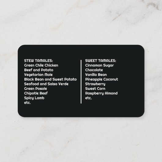 Carte De Visite Tamales doux et ragoût (Dos)