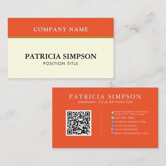 Carte De Visite Tangerine Orange and Beige Cream QR Code Template (Devant / Derrière)