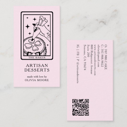 Carte De Visite Tarot Artisan Baker Dessert Caterer QR Code Pink (Devant / Derrière)