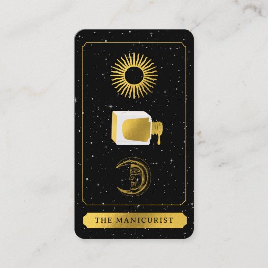 Carte De Visite Tarot céleste Soleil Lune Clou Salon Noir Or (Devant)