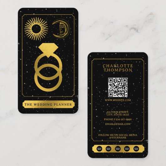 Carte De Visite Tarot céleste soleil lune or Wedding planner (Devant / Derrière)