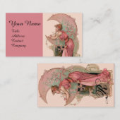 CARTE DE VISITE TAROTS / LADY DE LA LUNE AVEC FLEURS EN ROSE (Devant / Derrière)