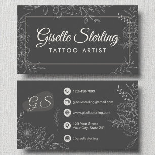 Carte De Visite Tatouage Artiste Moody Charcoal Grey Floral Modern