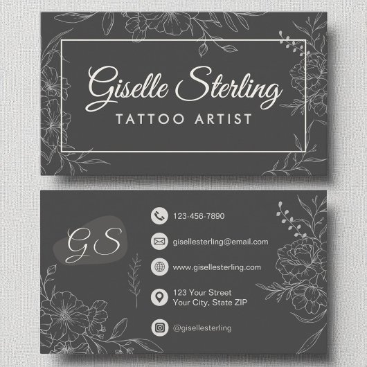 Carte De Visite Tatouage Artiste Moody Charcoal Grey Floral Modern