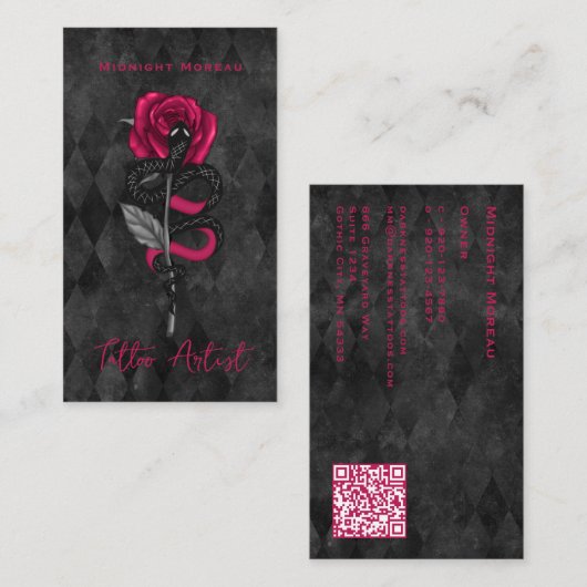Carte De Visite Tatouage Artiste serpent rose rose QR Code (Devant / Derrière)
