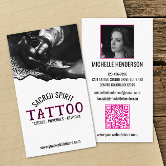 Carte De Visite Tatouage de code QR photo moderne noir et blanc 2