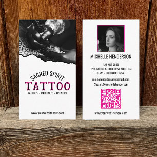 Carte De Visite Tatouage de code QR photo moderne noir et blanc 2