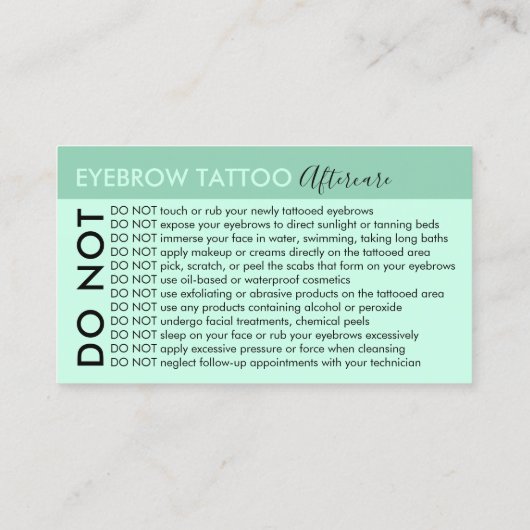 Carte De Visite Tatouage Eyebrow Vert Évite Les Conseils Après-Soi (Dos)