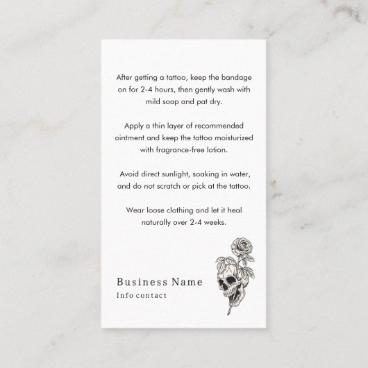 Carte De Visite Tatouage noir os de crâne Instructions de soins po (Dos)