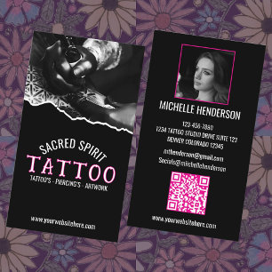 Carte De Visite Tatouage QR Code Photo Texte 2 Moderne Blanc pour