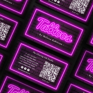 Carte De Visite Tatoueur Code QR Mur de Briques Noires Néon Violet