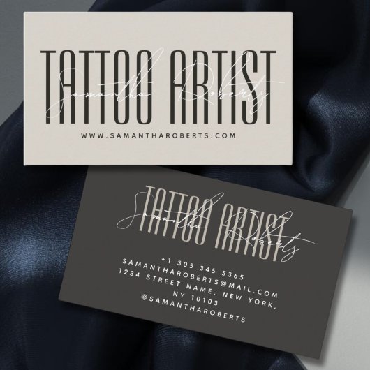 Carte De Visite Tattoo artist modern typography script beige gray