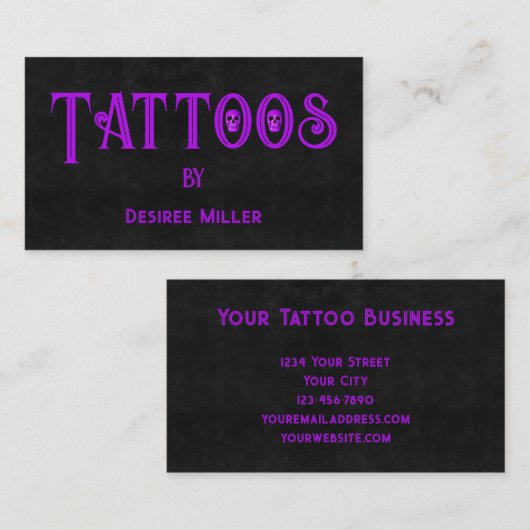 Carte De Visite Tattoo Shop Girly Purple Black Skull Business Card (Devant / Derrière)
