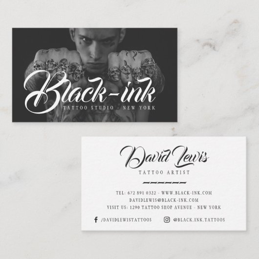 Carte De Visite Tattoo studio photo noir script blanc calligraphie (Devant / Derrière)
