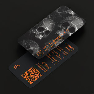 Carte De Visite Tattooiste Crâne Photo Logo Initial Noir Orange 