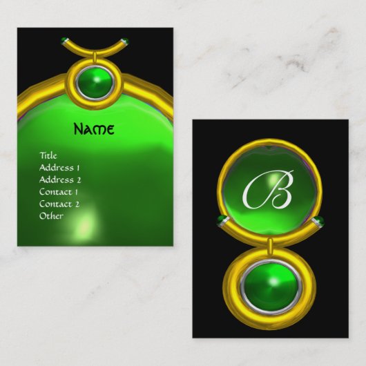 Carte De Visite TAURUS OR ZODIAC MONOGRAMME VERT EMERALD Noir (Devant / Derrière)