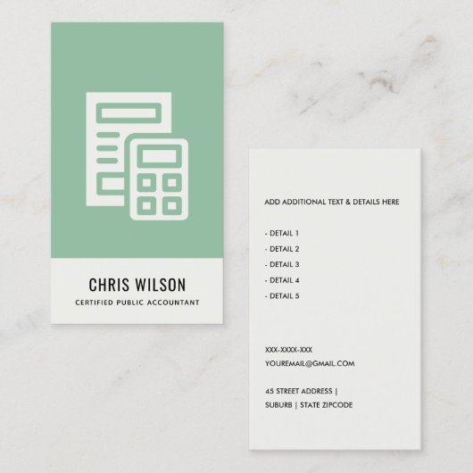 CARTE DE VISITE TAXE COMPTABLE DE L'ICÔNE CALCULATEUR MODERNE MINT (Devant / Derrière)