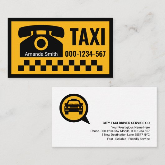 Carte De Visite Taxi jaune Téléphone noir chèque (Devant / Derrière)