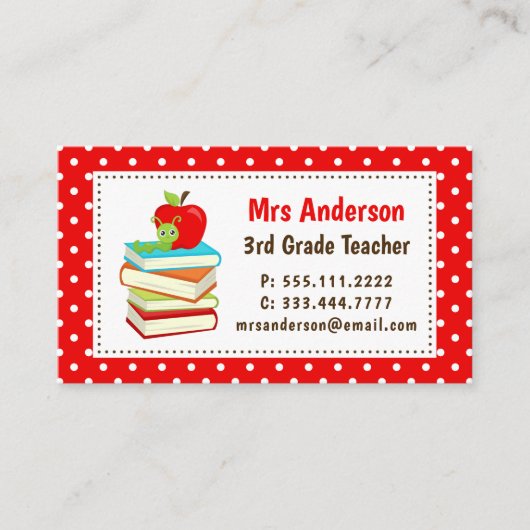 Carte de visite Teacher Bookworm Points Rouges (Devant)