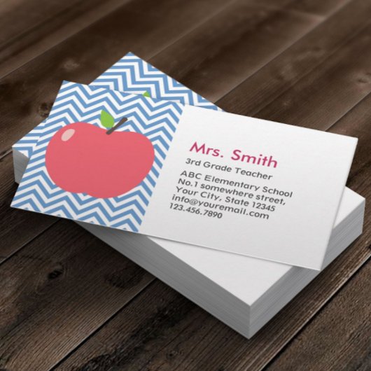 Carte De Visite Teacher Cute Apple Modern Blue Chevron Stripes