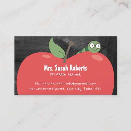 Carte De Visite Teacher Tutor Cute Apple & Worm Rustic Chalkboard (Devant)