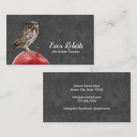 Carte De Visite Teacher Tutor Nerdy Owl & Apple Chalkboard (Devant / Derrière)