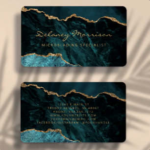 Carte De Visite Teal Blue Gold Agate Microblading Arrondi