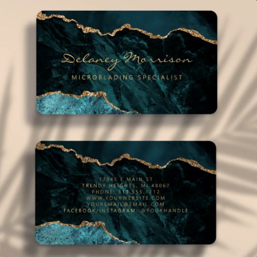 Carte De Visite Teal Blue Gold Agate Microblading Arrondi