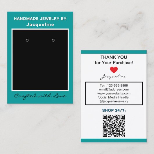 Carte De Visite Teal Blue Jewelry Earrings Website QR Code (Devant / Derrière)