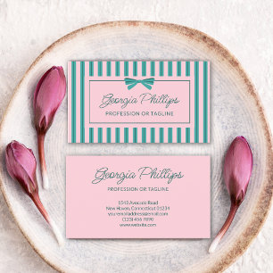 Carte De Visite Teal & Pink rayures & nœud rétro