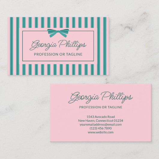 Carte De Visite Teal & Pink Stripes & Bow Retro (Devant / Derrière)