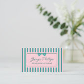 Carte De Visite Teal & Pink Stripes & Bow Retro (Debout devant)
