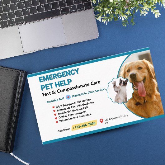 Carte De Visite Teal & Yellow Pet Emergency Veterinary - Emergency