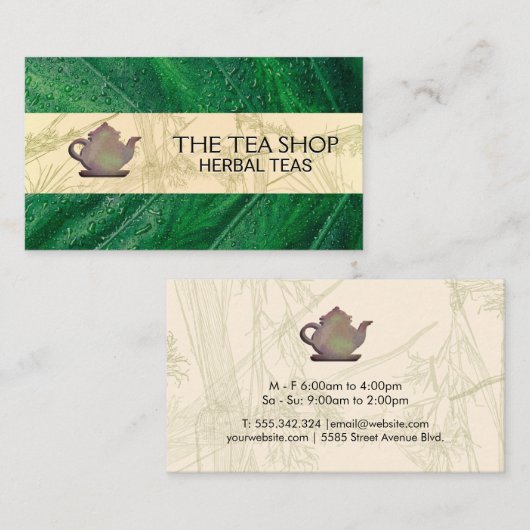 Carte De Visite Teapot rustique | Congé vert | (Devant / Derrière)