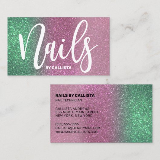 Carte De Visite Technicien à ongles Mermaid vert rose triple Parti (Devant / Derrière)