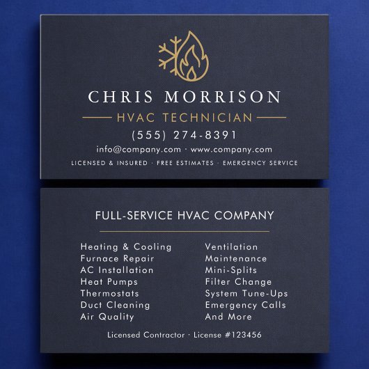 Carte De Visite Technicien CVC Bleu Nuit Or Moderne