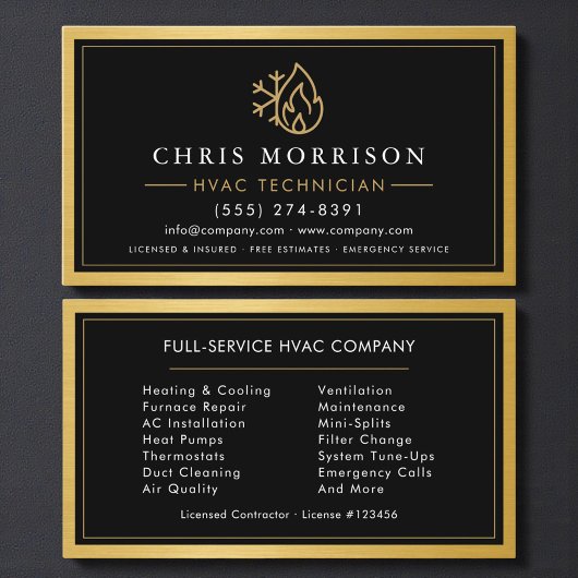 Carte De Visite Technicien CVC Professionnel Métal Doré