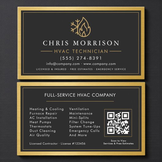 Carte De Visite Technicien CVC QR Code Simple Métallisé Or