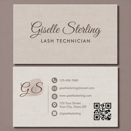 Carte De Visite Technicien de cils Code QR Élégant Moderne Lin Bei