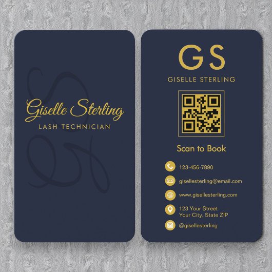 Carte De Visite Technicien de lash Monogram Marine Blue Gold QR Co