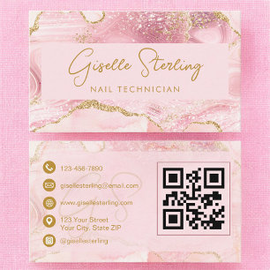 Carte De Visite Technicien en Onglerie Luxe Code QR Agate Rose Gol