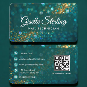 Carte De Visite Technicien en Ongles Vert Or Code QR Professionnel
