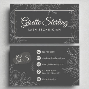 Carte De Visite Technicien Lash Moody Charcoal Grey Floral Moderne