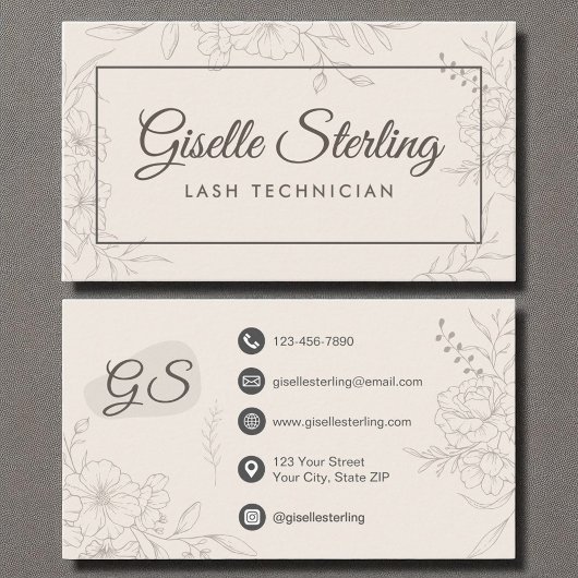 Carte De Visite Technicien Lash Neutral Ivory Floral Élégant