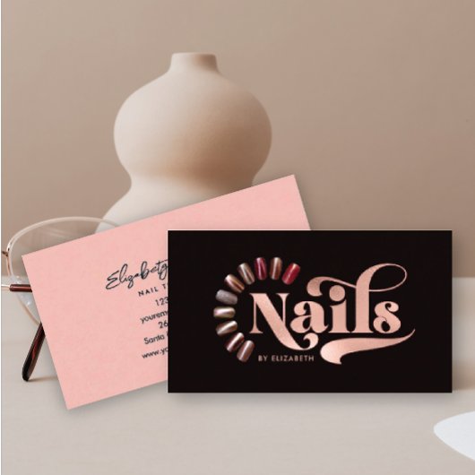 Carte De Visite Technicien moderne Rose Gold & Black Nail