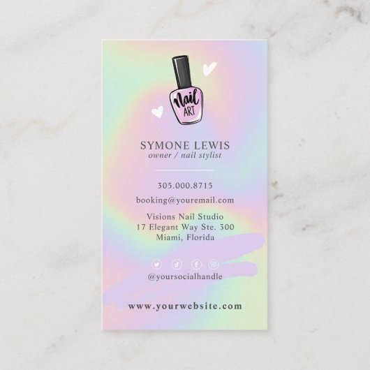 Carte De Visite Technicien Nail Beauté Salon Pastel Holographique  (Dos)