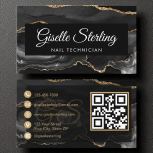 Carte De Visite Technicien Nail QR Code Black Gold Agate Luxe