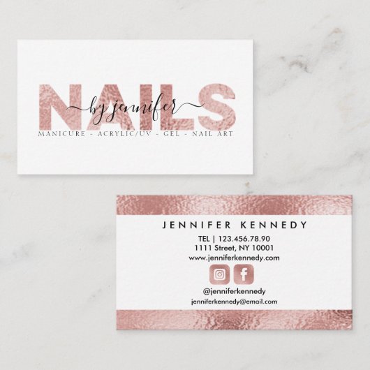 Carte De Visite Technicien Nail Salon Rose Or Metallic Élégant (Devant / Derrière)