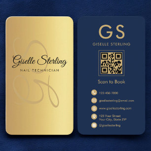 Carte De Visite Technicien ongle Monogramme Marine Blue Gold QR Co