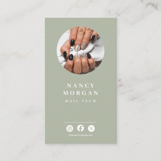 Carte De Visite Technicien ongles Code Qr Photo Vert Sauge (Devant)
